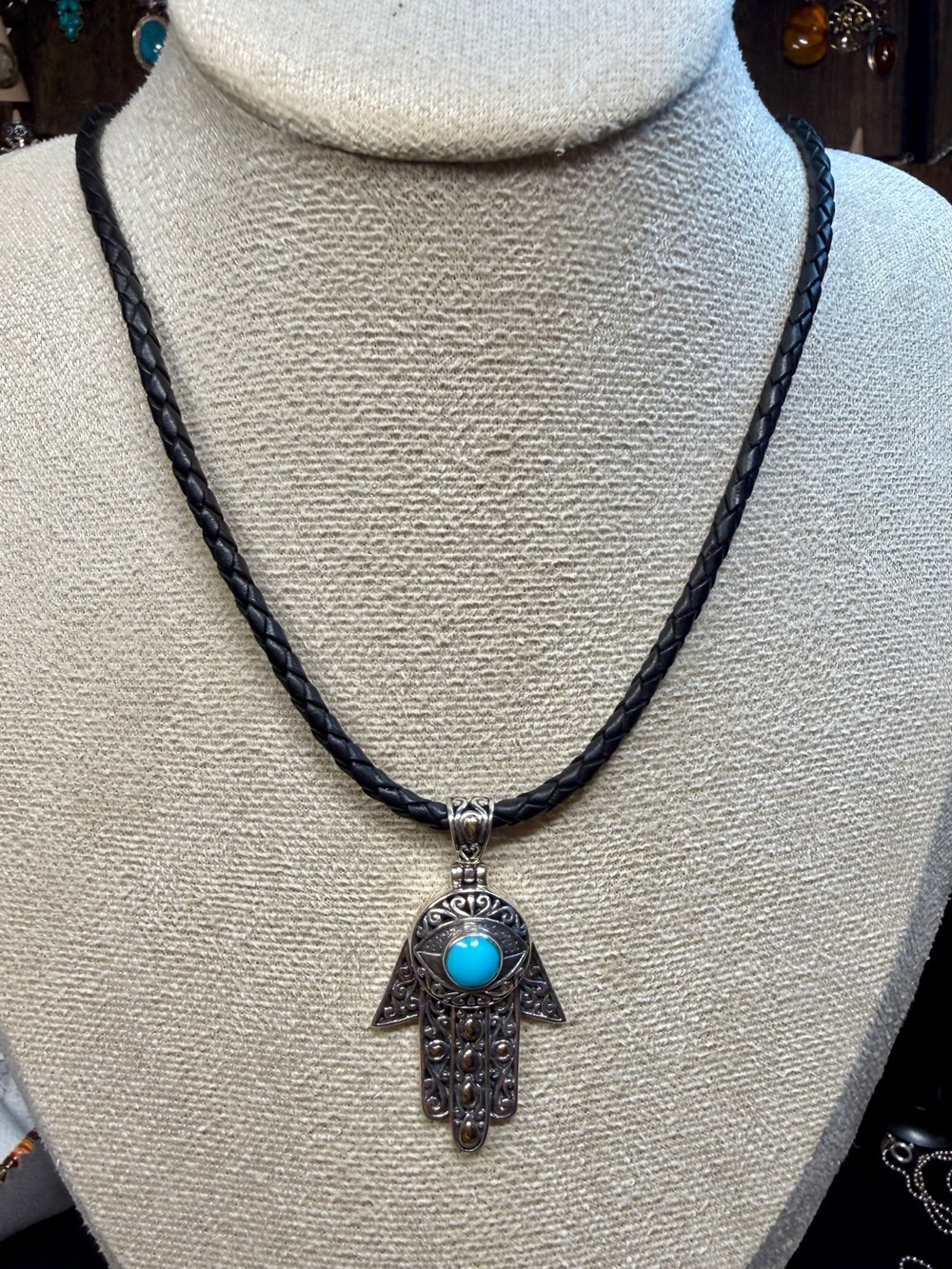 Samuel B. Turquoise Hamsa Hand Pendant on Black Braided Cord